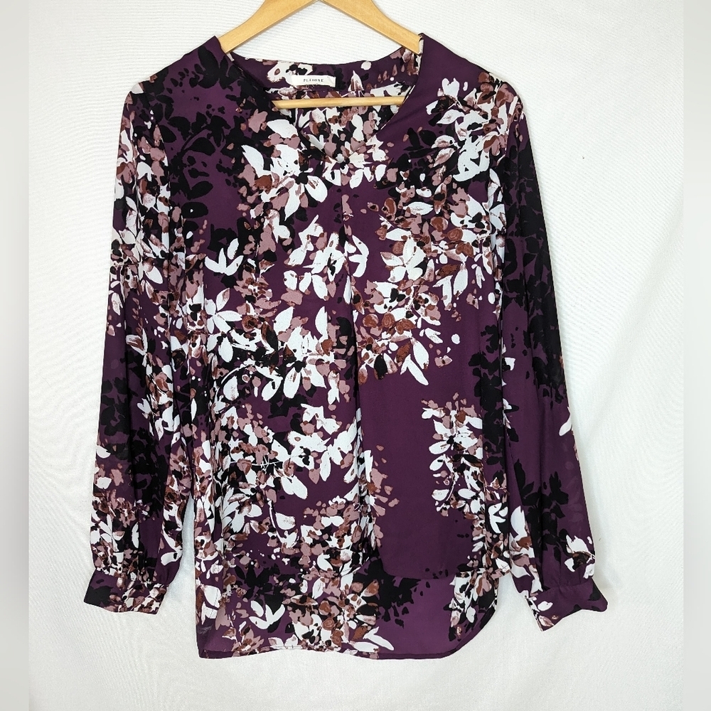 Pleione Purple Leafy Print Long Sleeve Blouse Size Small